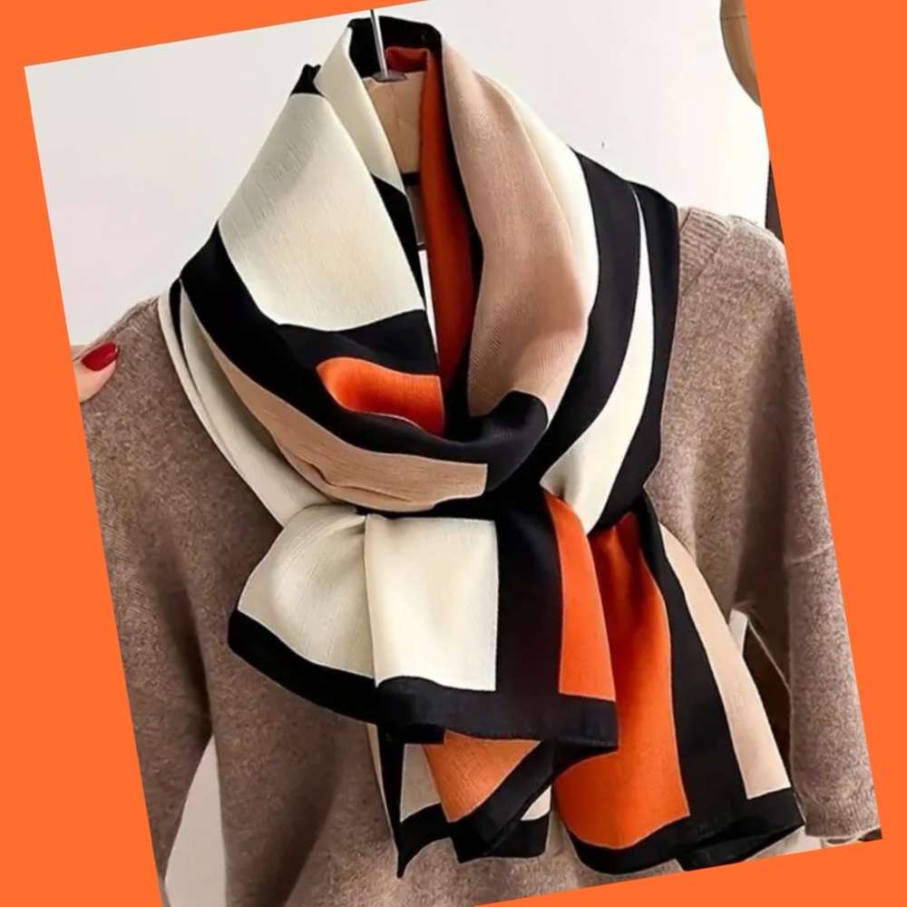 Elegant Off White, Orange, Beige & Black Color Blocked Abstract Versatile Scarf